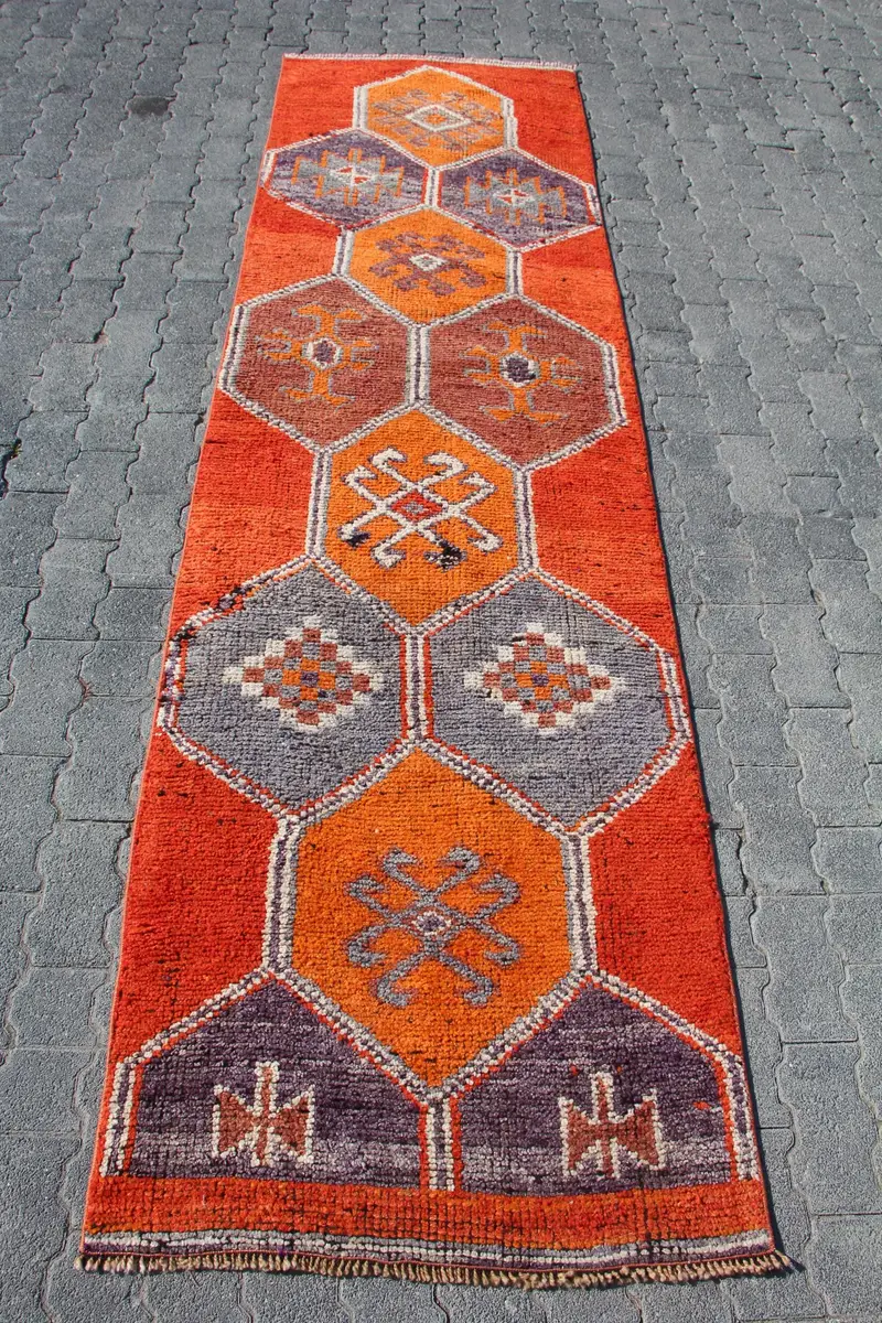 Turkish Rug, Runner 2.7x9.7 ft Rug, Herki Red Polka dot Rug - 1