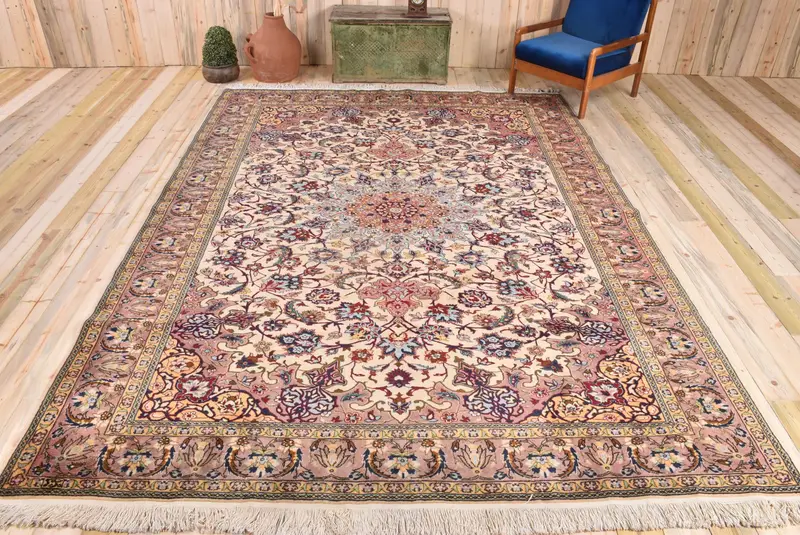 Zarif Bej Fas Halısı, Mavi Desenli 8,4x11,7 ft