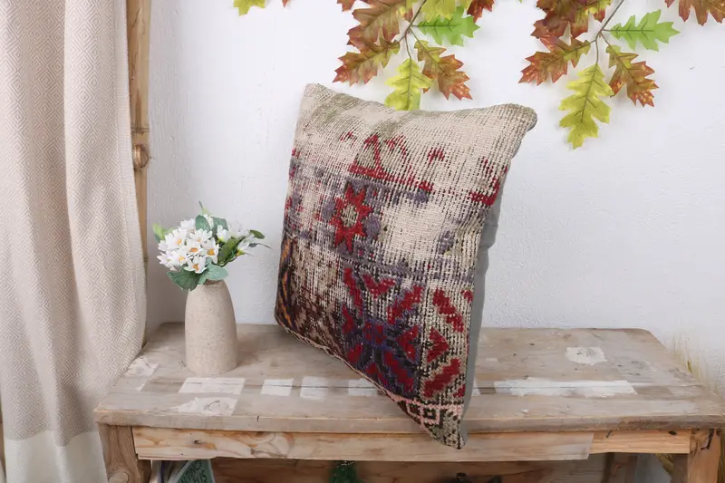 Vintage Kilim Throw Pillow, Turkish Kilim Pillow, Vintage Kilim Pillow, Pillow, 16x16 Red Pillow Cover, Neutral Pillow Case - 4