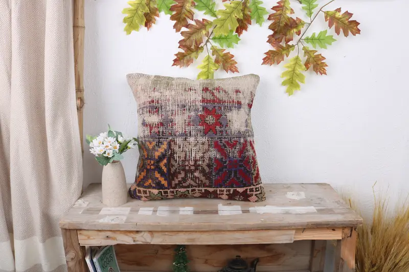 Vintage Kilim Throw Pillow, Turkish Kilim Pillow, Vintage Kilim Pillow, Pillow, 16x16 Red Pillow Cover, Neutral Pillow Case - 1