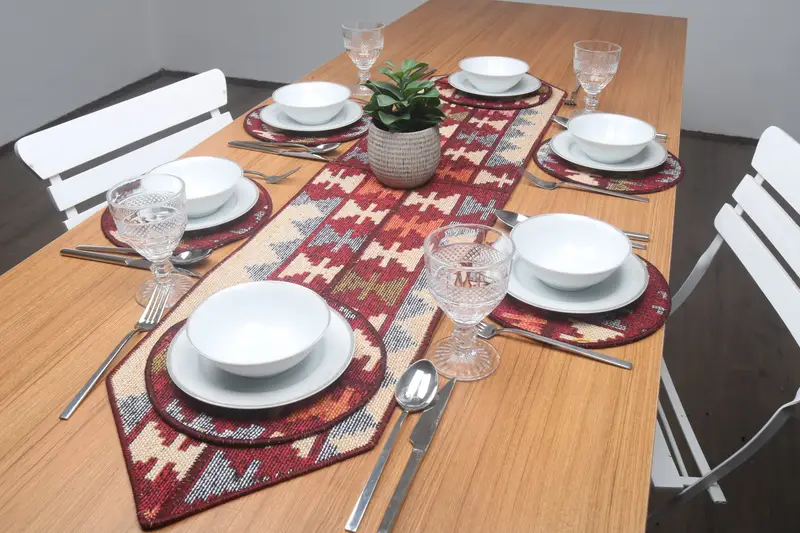 Bohemian Blue & Red Cotton Wool Placemat, 56x12 Inch Rectangle Placemat