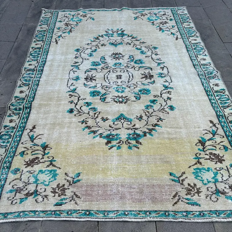 Turkish Vintage Large Rug 5.7x9.7 ft, Oushak Blue Wool Rug - 1