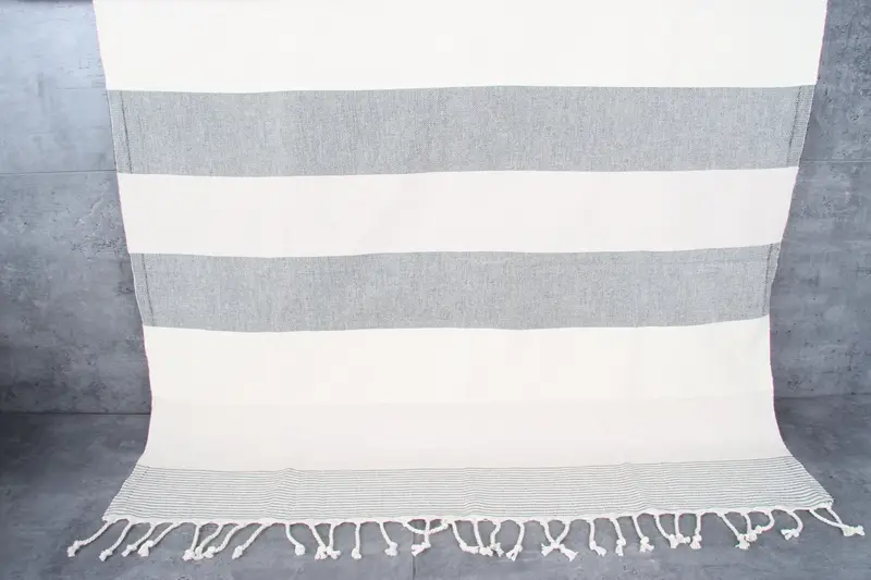 Personalized Turkish Beach Towel Beige-Black Stripes, Organic Cotton, 40x71 Inches