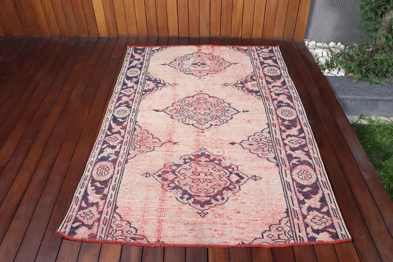 4.3x6 ft Halı, Türk Vintage Alan Halısı, Kırmızı Oushak Yün Halı - 1