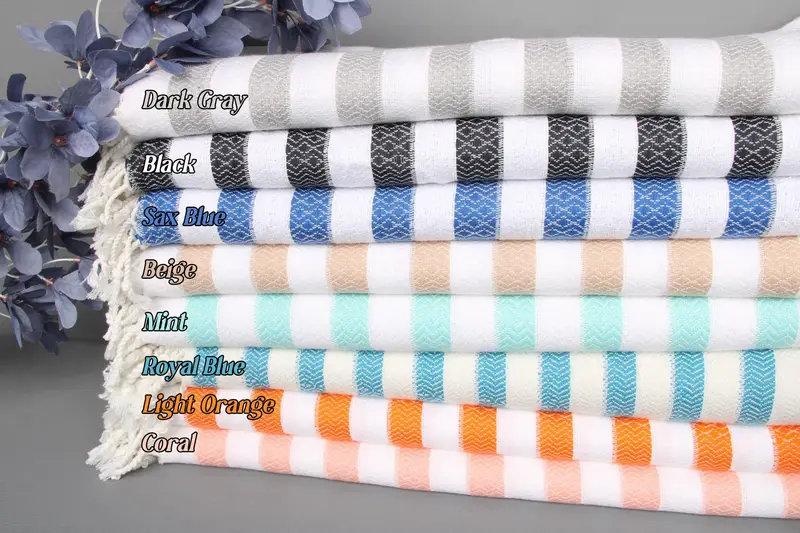 Beach Towel Embroidered Organic Cotton Beige Striped, 36x71 Inches