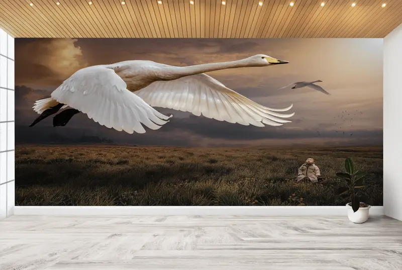 Papel pintado estampado granja moderna abstracta elegante cigüeña y bebé