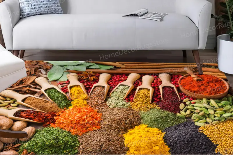 Trendiger bedruckter Bauernhaus-Teppich: Bunte Gewürze als Küchendekoration