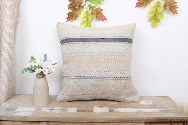 Authentic Pillow Cover, Gift Pillow, Handmade Kilim Cushion, Pillow, 16x16 Beige Pillow Case, Garden Cushion Cover, Turkish Kilim Pillow - 1