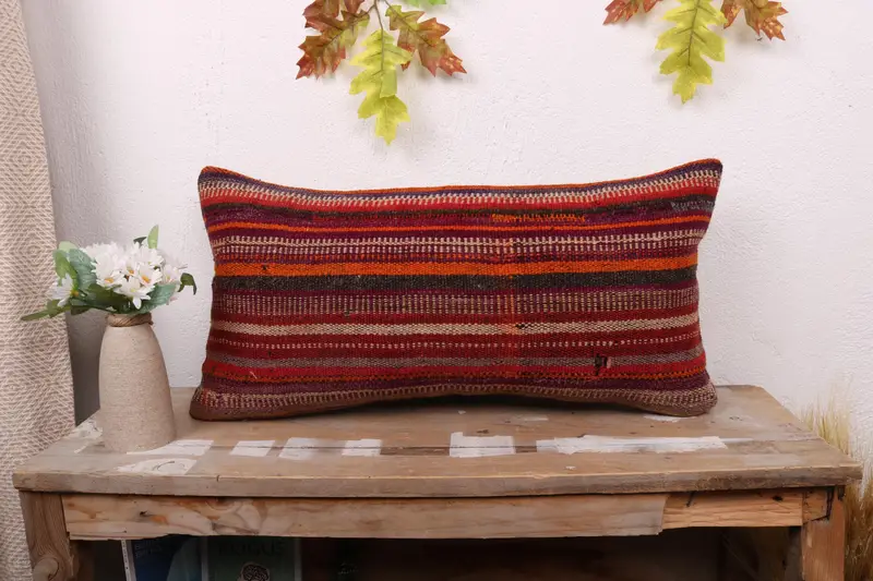 Pillow Cover, Muted Cushion Cover, Turkish Rugs Cushion, Handmade Kilim Cushion, Boho Pillow, Decorative Pillow Case, Kilim Pillow, 12x24 Red Pillow - 1