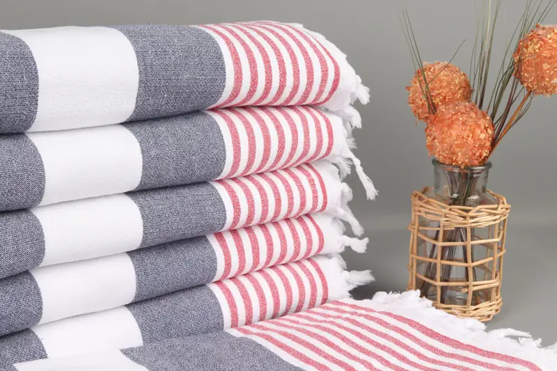 Personalized Organic Terry Towel Navy Blue-Red Stripes, 36x67 Inches
