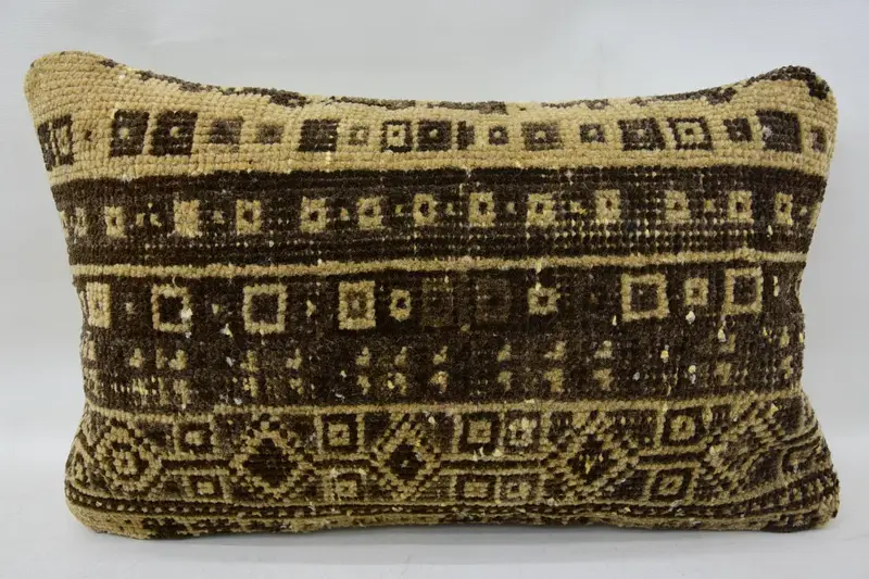 Geometric Brown Turkish Pillow, Moroccan Handwoven 12x20 inch Pillow Sham - 1
