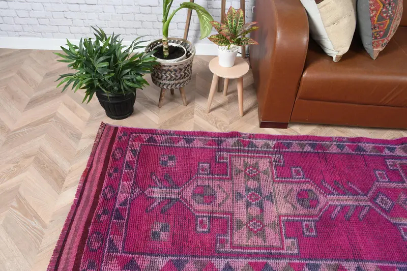 Vintage Runner Rug 2.8x11.7 ft, Pink Blue Polka dot Rug Wool - 1