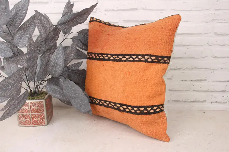 Handmade Kilim Cushion, Natural Pillow Sham, Pillow, Turkish Pillow, 18x18 Orange Cushion, Kilim Pillow, Kilim Rug Cushion, Meditation Pillow Case - 4