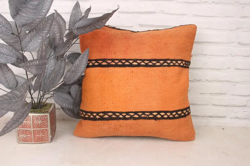 Handmade Kilim Cushion, Natural Pillow Sham, Pillow, Turkish Pillow, 18x18 Orange Cushion, Kilim Pillow, Kilim Rug Cushion, Meditation Pillow Case - 1