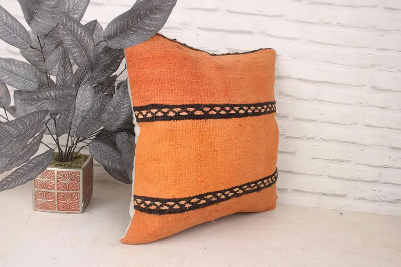 Handmade Kilim Cushion, Natural Pillow Sham, Pillow, Turkish Pillow, 18x18 Orange Cushion, Kilim Pillow, Kilim Rug Cushion, Meditation Pillow Case - 3