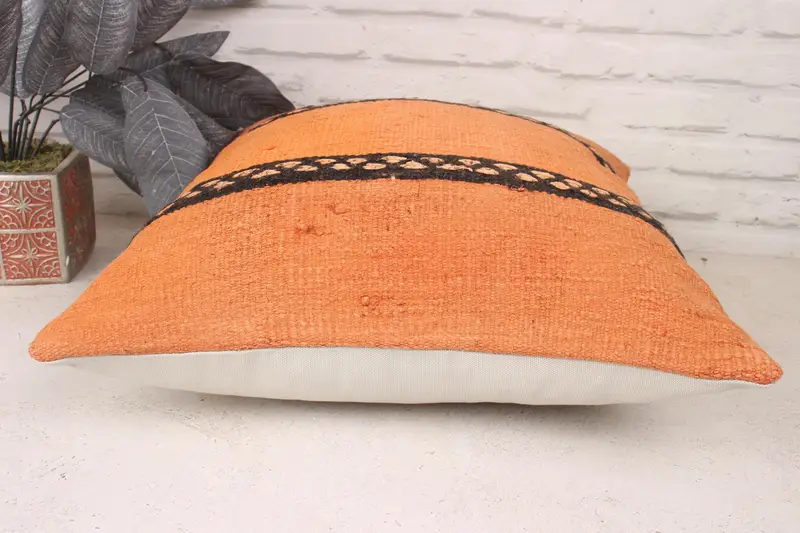 Handmade Kilim Cushion, Natural Pillow Sham, Pillow, Turkish Pillow, 18x18 Orange Cushion, Kilim Pillow, Kilim Rug Cushion, Meditation Pillow Case - 5