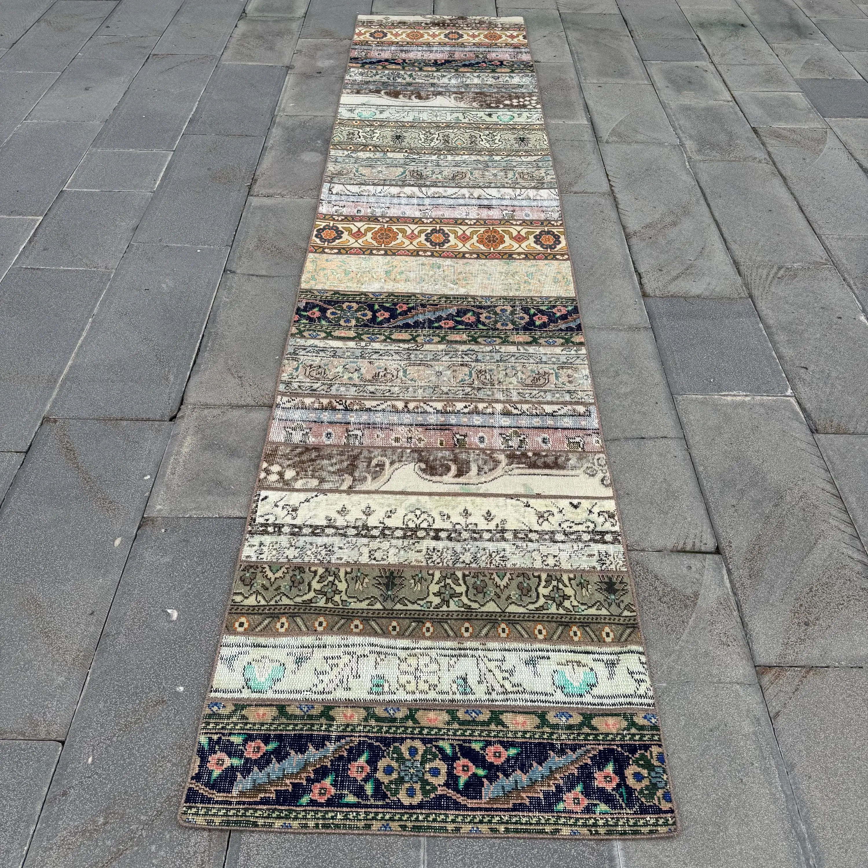 2.6x12.1 ft Turkish Vintage Rug, Runner Rug, Blue Patchwork Rug - 1