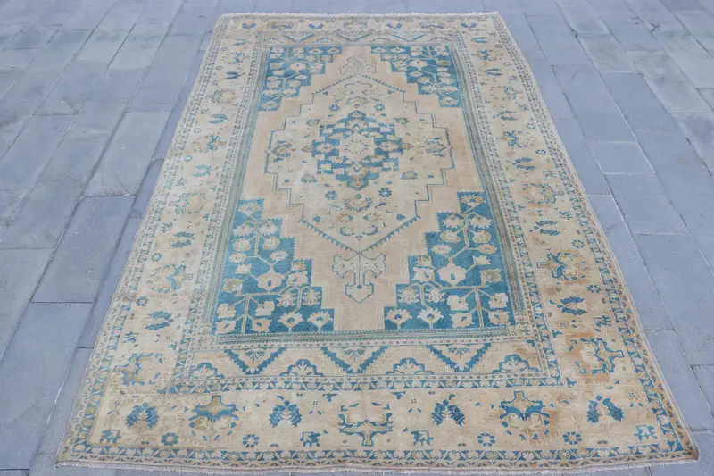 7,3x11,5 ft Teppich, übergroßer türkischer Teppich, blauer Oushak-Teppich mit Pflanzen und Bäumen - 1