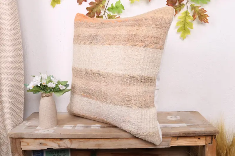 Ethnical Kilim Rug Pillow, Kilim Pillow, Retro Throw Cushion Cover, 20x20 Beige Pillow Sham, Nomadic Cushion Case, Cushion Cover, Pillow for Couch - 4
