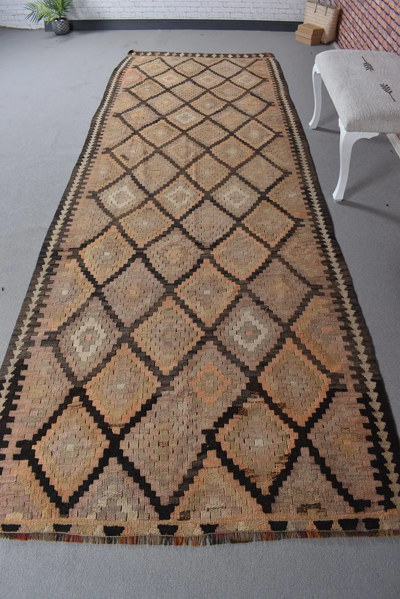 Zarif Kahverengi ve Turuncu Halı, 4,4x12,6 ft İran Desenli