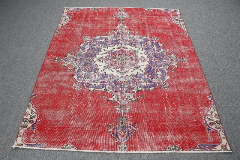 Vintage Türk Alan Halısı 4.7x5.9 ft, Kırmızı Mavi Soyut Halı - 1