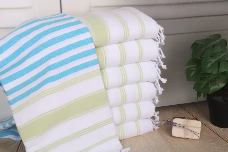 Beach Towel Personalized Blue-Green Striped Organic Cotton, 40x71 Inches