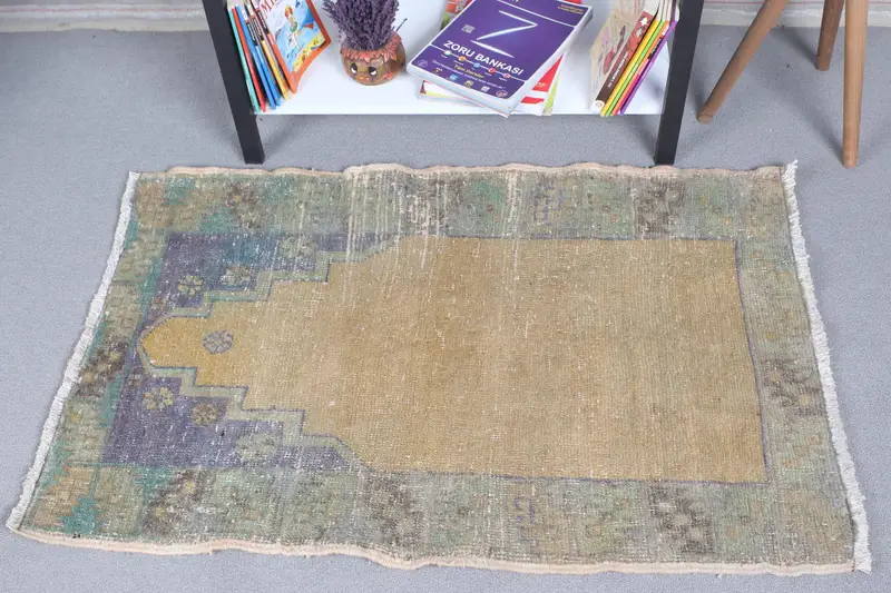 Turkish Small Rug 2.2x3.4 ft (68x105 cm), Oushak Brown Patchwork Vintage Rug - 1