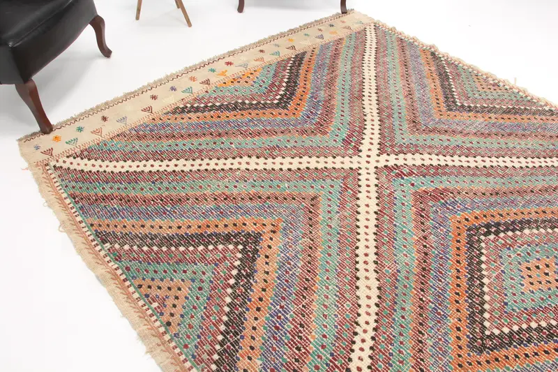 Vintage Rug, 7.1x11.8 ft Oversize Rug, Blue Striped Wool Turkish Rug - 1