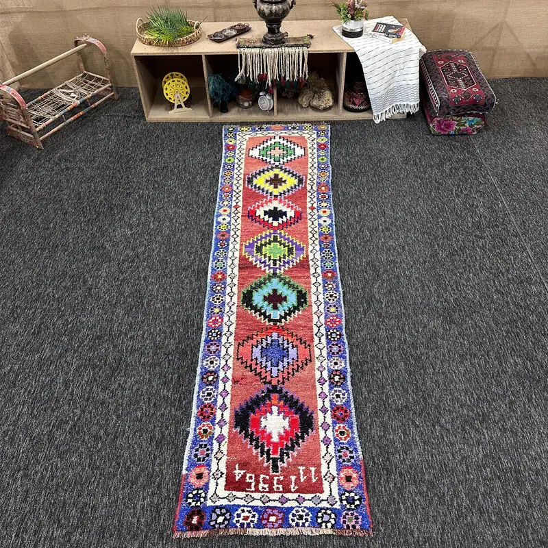 Vintage 2.4x9.2 ft Rug, Runner Turkish Rug, Red Blue Patchwork Wool Rug - 1