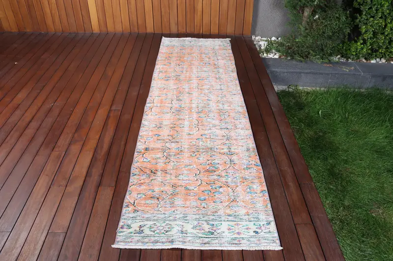 Turkish Vintage Rug, 2.5x8.6 ft Runner Rug, Orange Blue Southwestern Wool Rug - 1