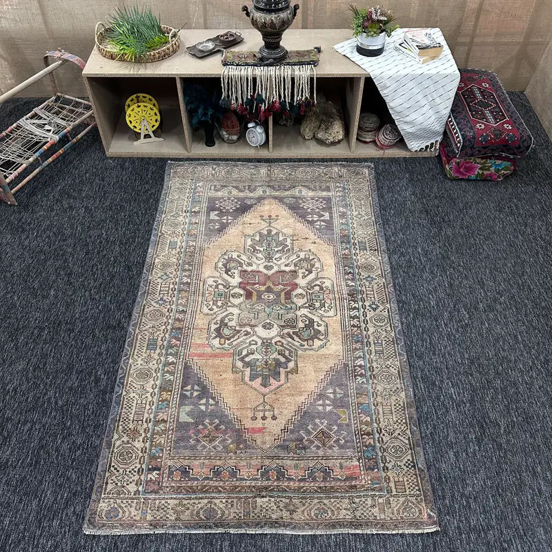 Vintage Accent Rug 3.9x6.6 ft, Rainbow Geometric Turkish Wool Rug - 1