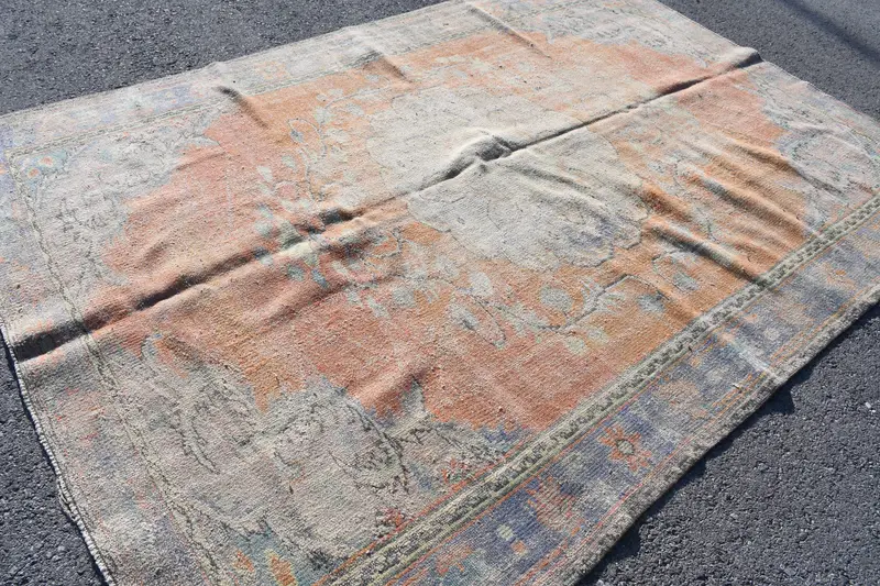 Türk Vintage Halısı 6.6x9.4 ft, Turuncu Oushak Oryantal Halı - 1