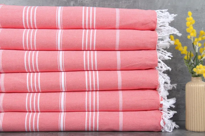 Organic Cotton Towel Striped Vermilion, 40x71 Inches