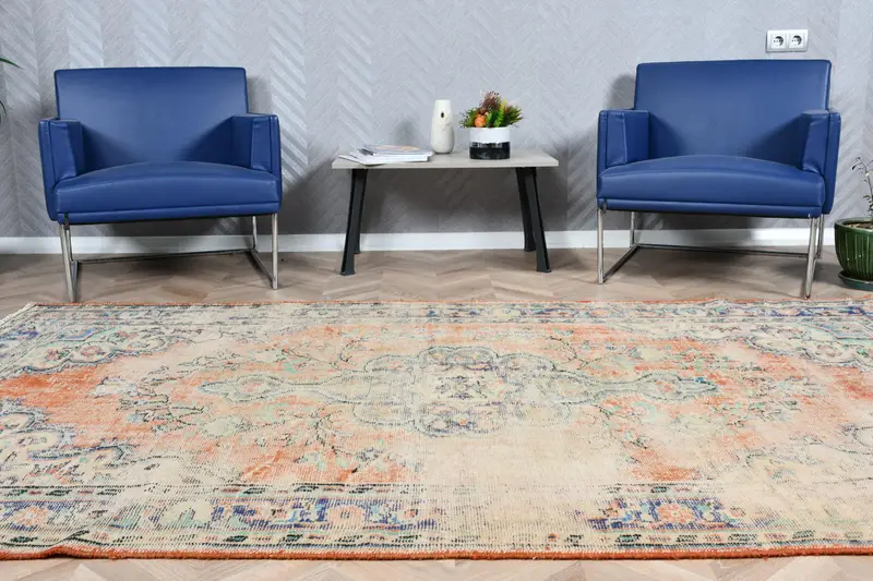 Türk Büyük Halı 5.3x8.9 ft, Vintage Oushak Mavi Katı Yün Halı - 1