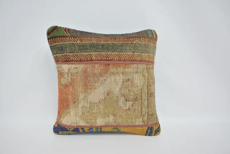 Ethnical Kilim Rug Pillow, Turkish Kilim Pillow, Outdoor Throw Pillow Cover, 16x16 Beige Cushion, Pillow Case, Interior Designer Pillow - 1