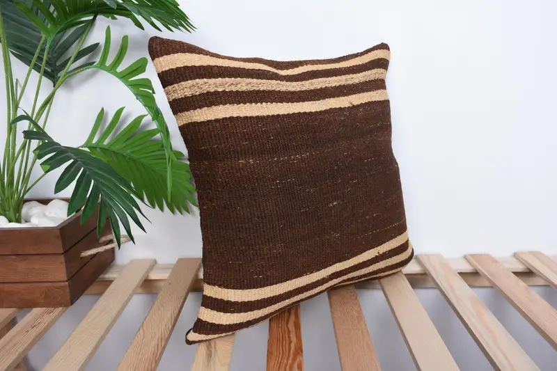 Wool Kilim Pillow Cushion Case, Pillow Case, Vintage Kilim Throw Pillow, Gift Pillow, Ethnical Kilim Rug Pillow, 16x16 Brown Pillow Cover - 4