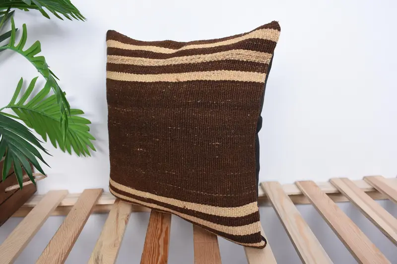 Wool Kilim Pillow Cushion Case, Pillow Case, Vintage Kilim Throw Pillow, Gift Pillow, Ethnical Kilim Rug Pillow, 16x16 Brown Pillow Cover - 5
