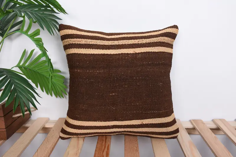 Wool Kilim Pillow Cushion Case, Pillow Case, Vintage Kilim Throw Pillow, Gift Pillow, Ethnical Kilim Rug Pillow, 16x16 Brown Pillow Cover - 1