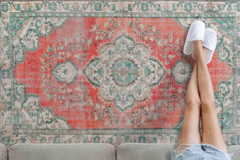 Türkisfarbener Medaillon-bedruckter Teppich: Ethnische Heimdekoration im Vintage-Stil