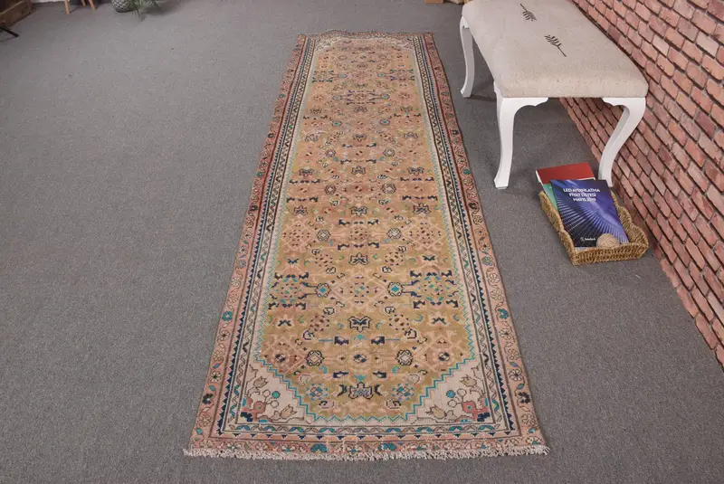 Turkish Vintage Rug, 2.8x9.2 ft Runner Rug, Brown Oushak Plants & trees Rug - 1
