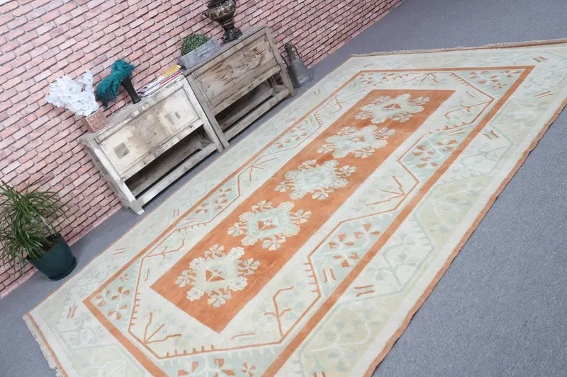 Vintage 6.8x10.4 ft Oversize Rug, Turkish Rug, Oushak Orange Polka dot Rug - 1