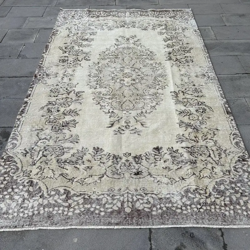 Vintage Rug, 5.4x8.8 ft Large Turkish Rug, Oushak Gray Black Southwestern Rug - 1