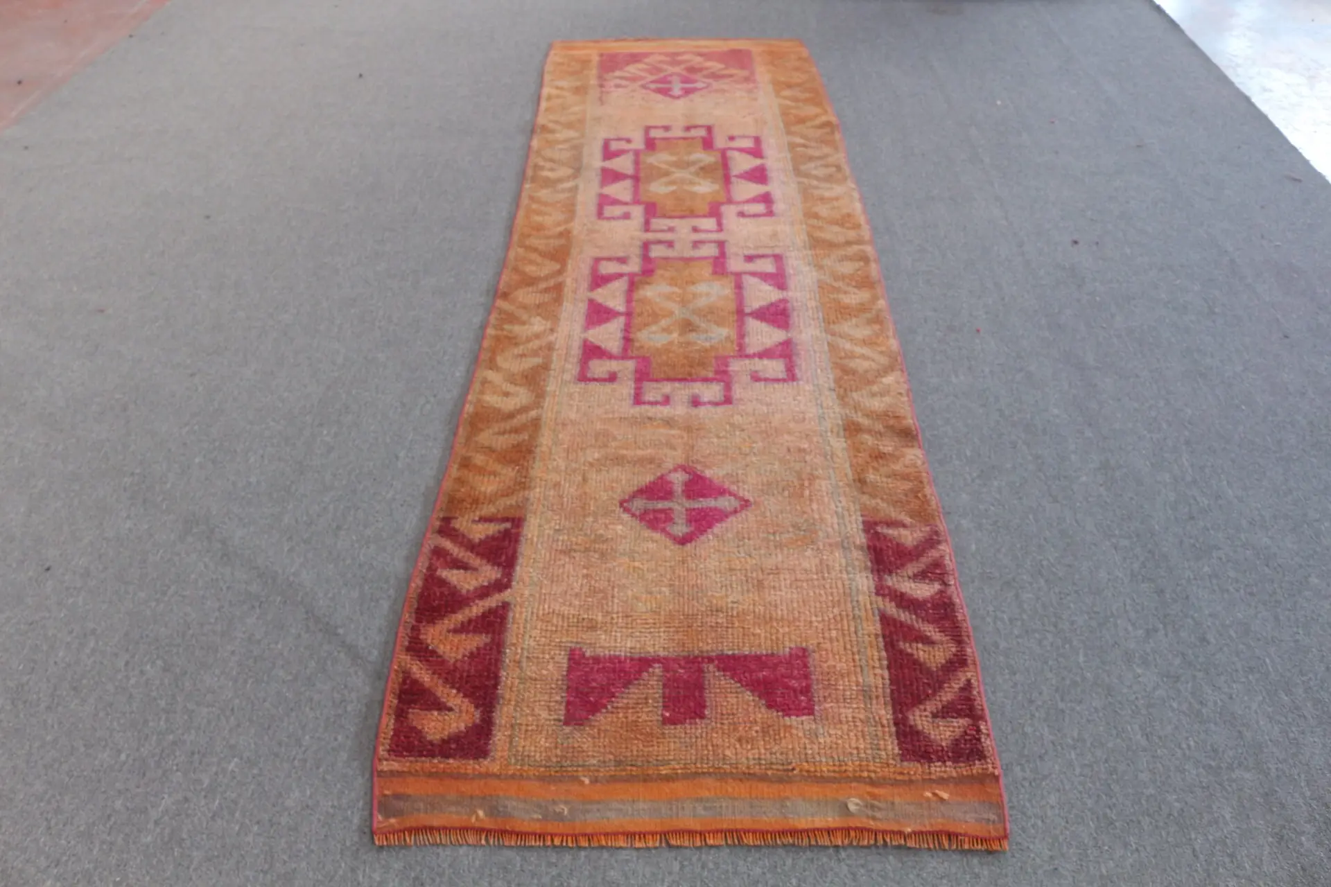 Turkish Vintage Herki Runner Rug 3x10.2 ft, Red Ikat Rug Wool - 1