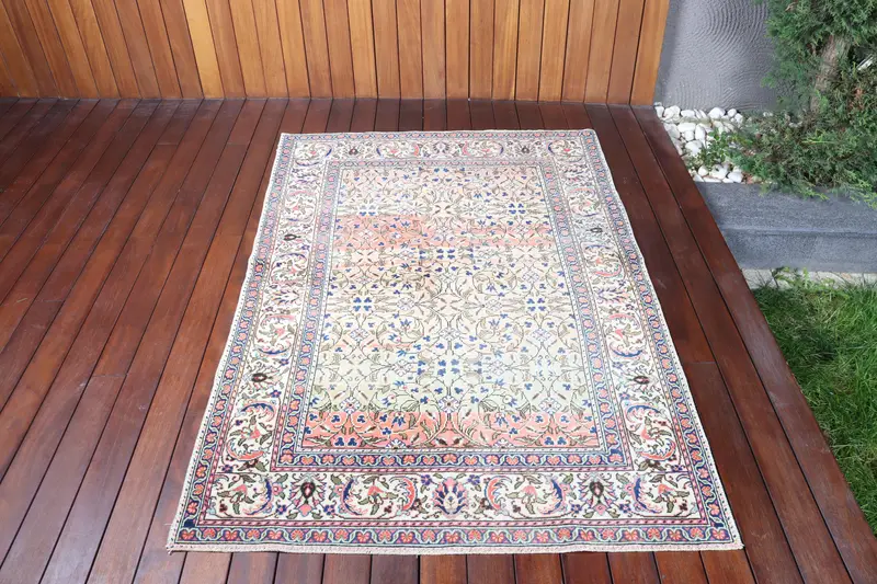 Türk Aksanlı Halı 3.8x5.7 ft, Mavi Kırmızı İkat Halı Yün - 1