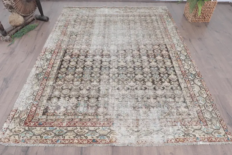 Turkish 5.5x7.6 ft Rug, Oushak Vintage Rug, Brown Abstract Wool Rug - 1