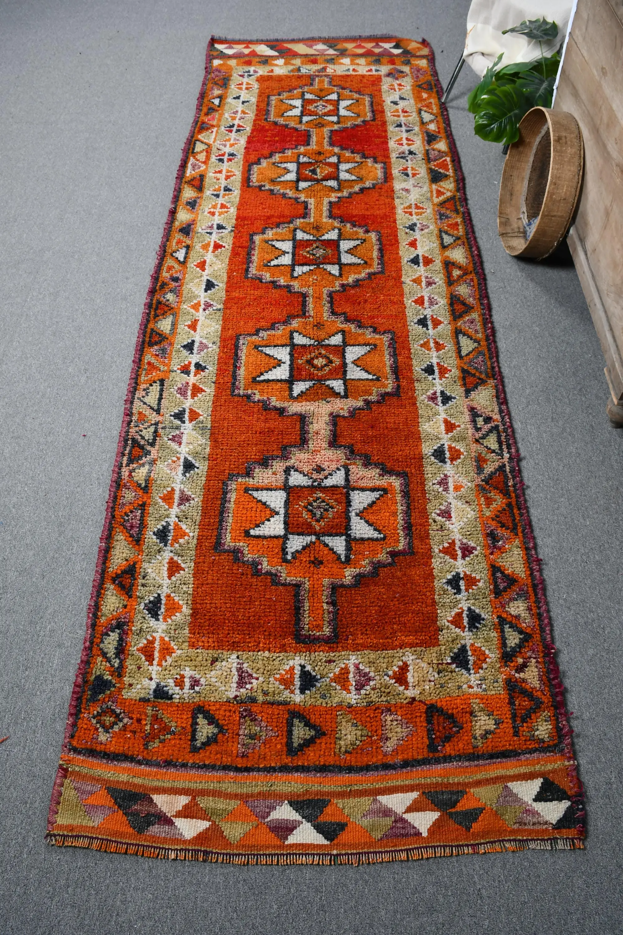 Turkish Vintage Rug, Runner 3x10.1 ft (90x309 cm) Rug, Orange Animal Print Wool Rug - 1