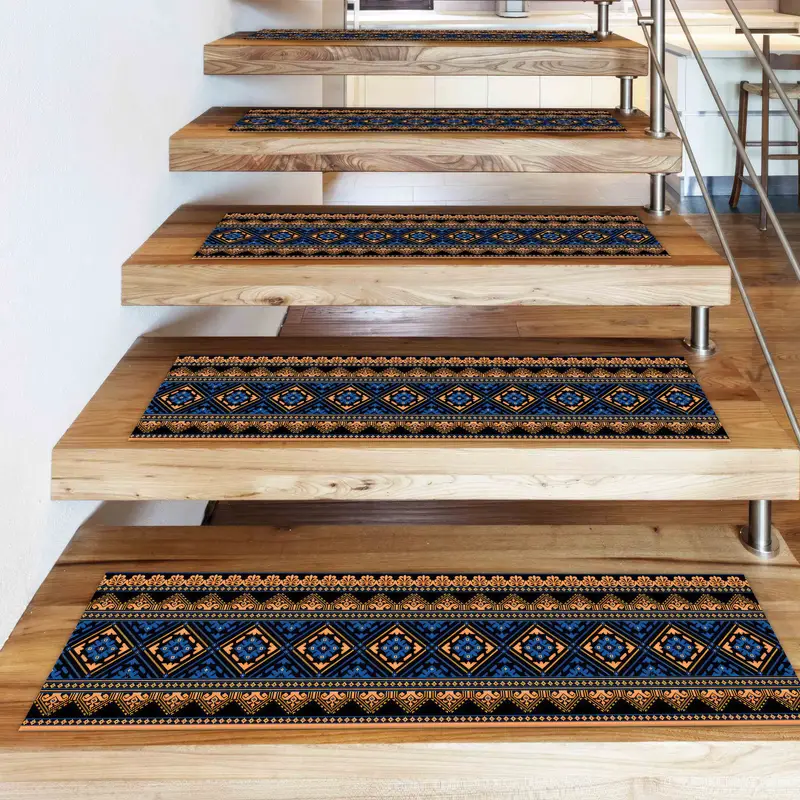 Orange & Blue Geometric Kilim Printed Rug: Ethnic Aztec Design