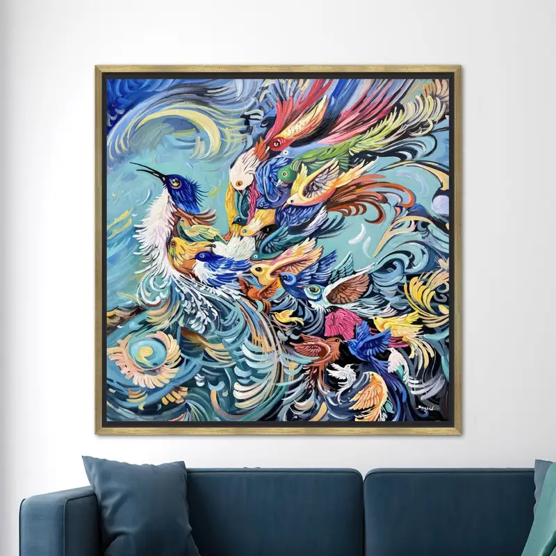 Modern Soyut Simurg Kuşu Kanvas - Trendy Mavi ve Sarı Baskı