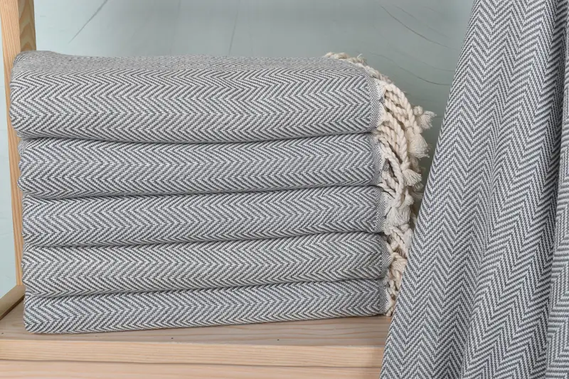 Personalized Gray Herringbone Beach Towel, Organic Cotton/Linen, 40x71 Inches