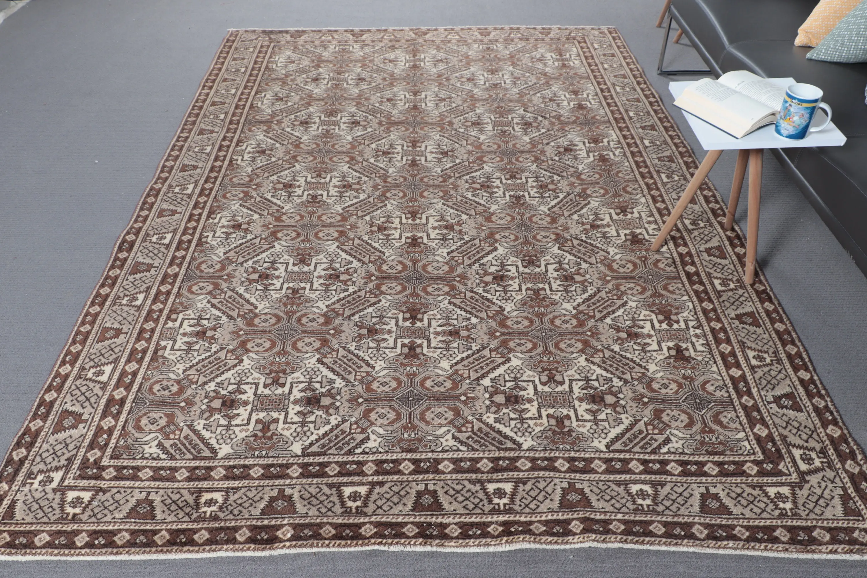 Vintage 6.1x9.2 ft Halı, Türk Halısı, Kahverengi Çiçekli Yün Halı - 1